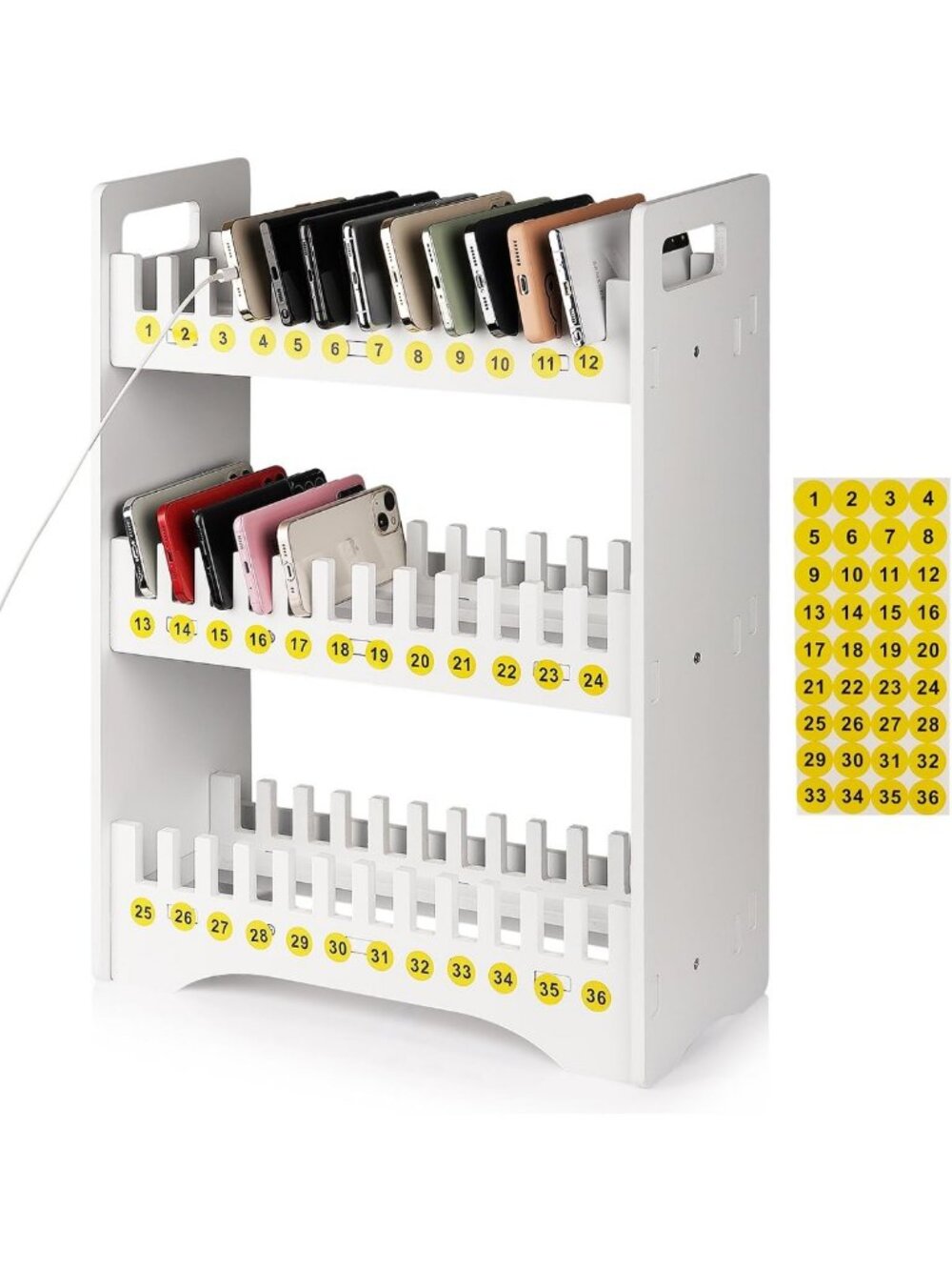 36-Slot Cell Phone Stand Organizer with Number Stickers - White Storage Solution